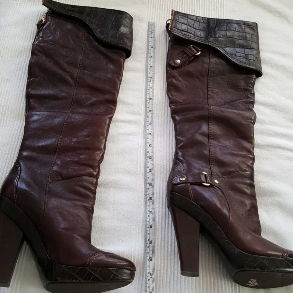 Marciano Brown Over-the-Knee Leather Boots with Dark Brown Trim